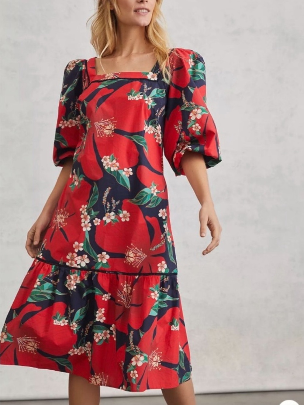 Anthropologie x farm Rio Red Floral Square-Neck Midi Dress with Puff Sleeves xs